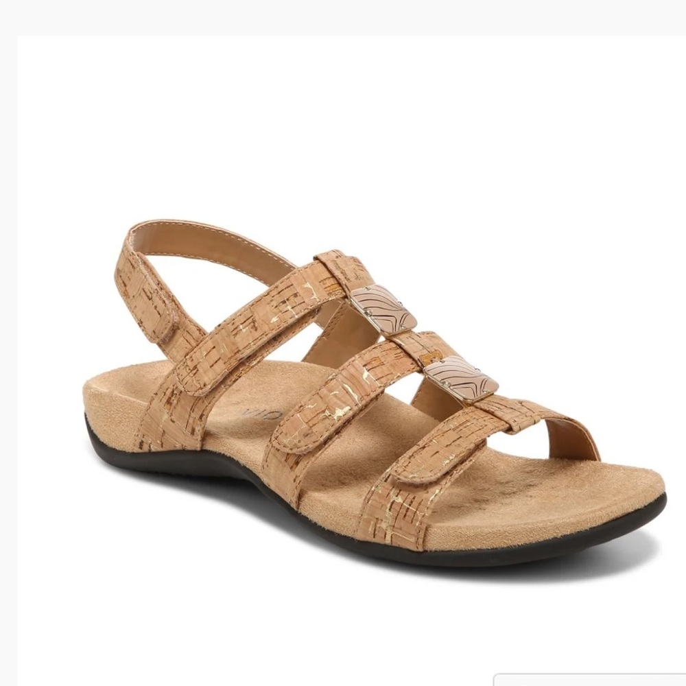 VIONIC Amber Tan Gold Cork Leather Strappy Slingback Sandals